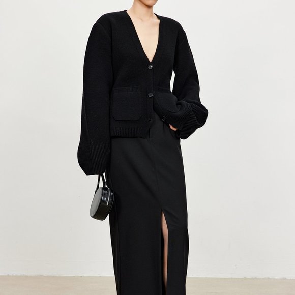 CHICJOC Scarlet Style Cashmere Cardigan Deep V-neck black size 38 - Picture 5 of 15